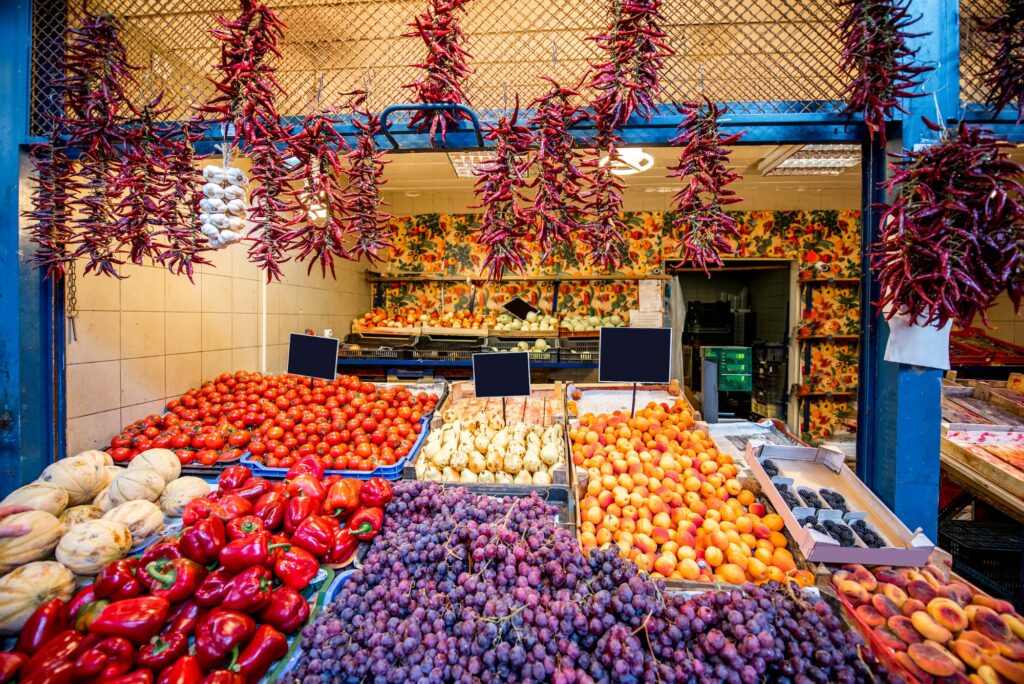 Market counter with vegetables in Budapest